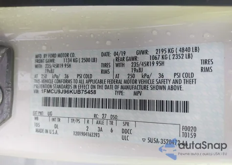 2019 Ford Escape Titanium z USA, uszkodzony, nr VIN 1FMCU9J96KUB75458